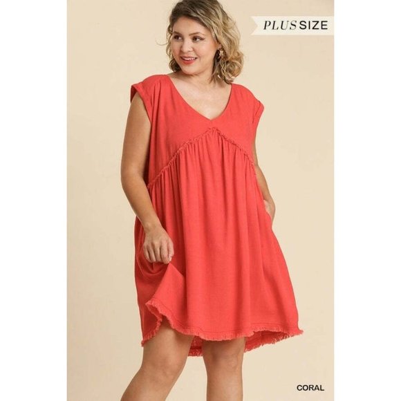 Umgee Plus Size Milk Tea V-Neck Short Folded Sleeve Ruffle Trimmed Pocket Dress - Picture 8 of 12